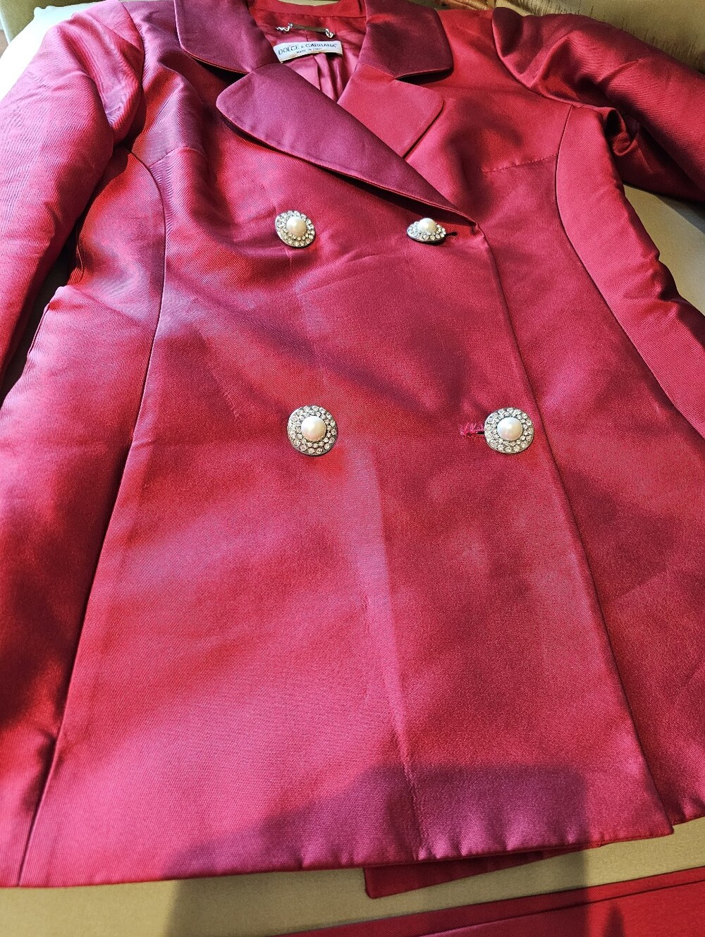Auth DOLCE & GABBANA Crimson Red Silk Satin Pant Suit - Size 44 Pristine